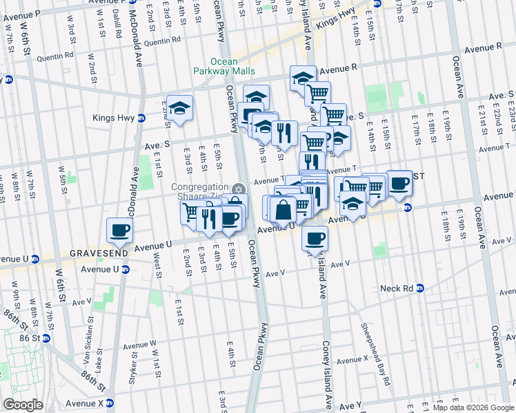 map of restaurants, bars, coffee shops, grocery stores, and more near 2045 Ocean Parkway in Brooklyn