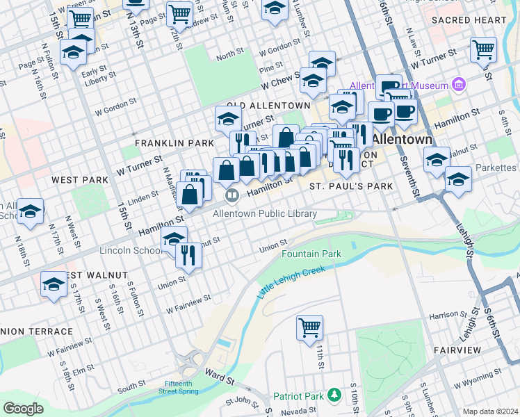 map of restaurants, bars, coffee shops, grocery stores, and more near 23 South Poplar Street in Allentown