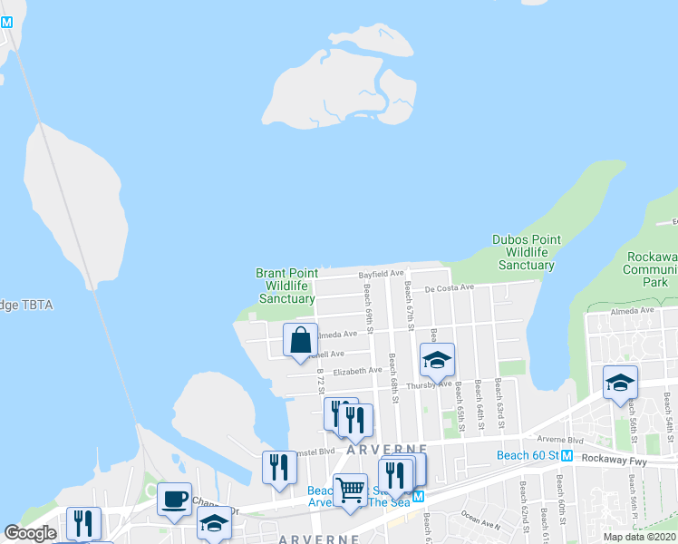 map of restaurants, bars, coffee shops, grocery stores, and more near 69-32 Bayfield Avenue in Queens