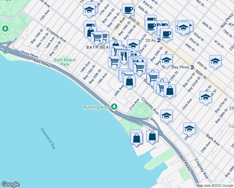 map of restaurants, bars, coffee shops, grocery stores, and more near 8871 20th Avenue in Brooklyn