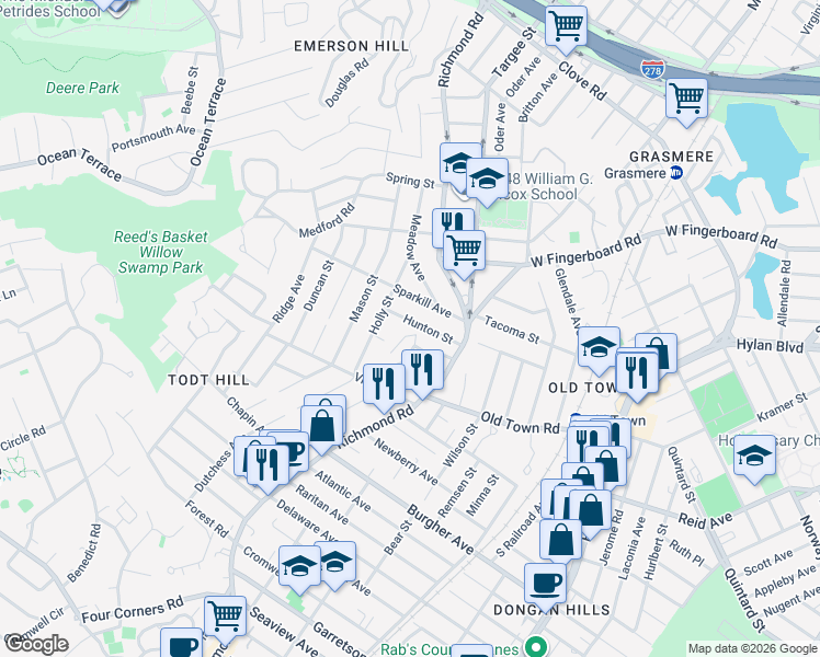 map of restaurants, bars, coffee shops, grocery stores, and more near 58 Hunton Street in Staten Island
