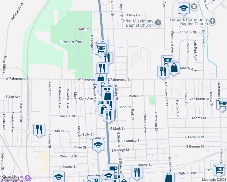 map of restaurants, bars, coffee shops, grocery stores, and more near 601 North State Street in Marion