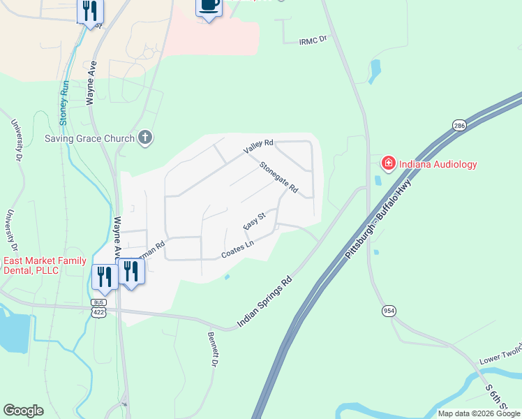 map of restaurants, bars, coffee shops, grocery stores, and more near 26 Easy Street in Indiana