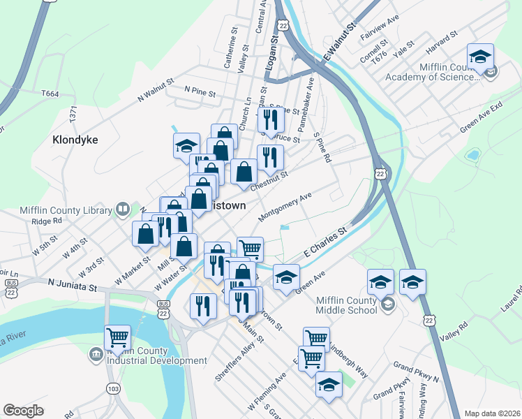map of restaurants, bars, coffee shops, grocery stores, and more near 10 Depot Street in Lewistown