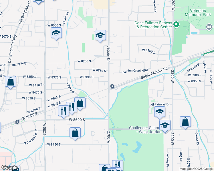 map of restaurants, bars, coffee shops, grocery stores, and more near 8385 Spaulding Court in West Jordan