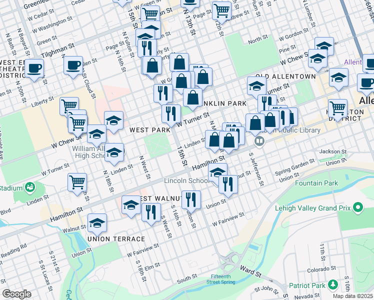 map of restaurants, bars, coffee shops, grocery stores, and more near 1444 West Linden Street in Allentown