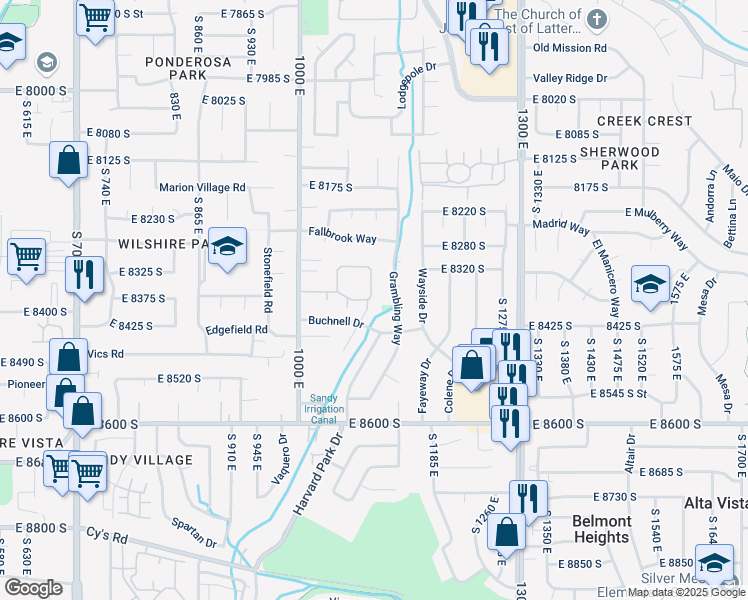 map of restaurants, bars, coffee shops, grocery stores, and more near 8377 1090 East in Sandy