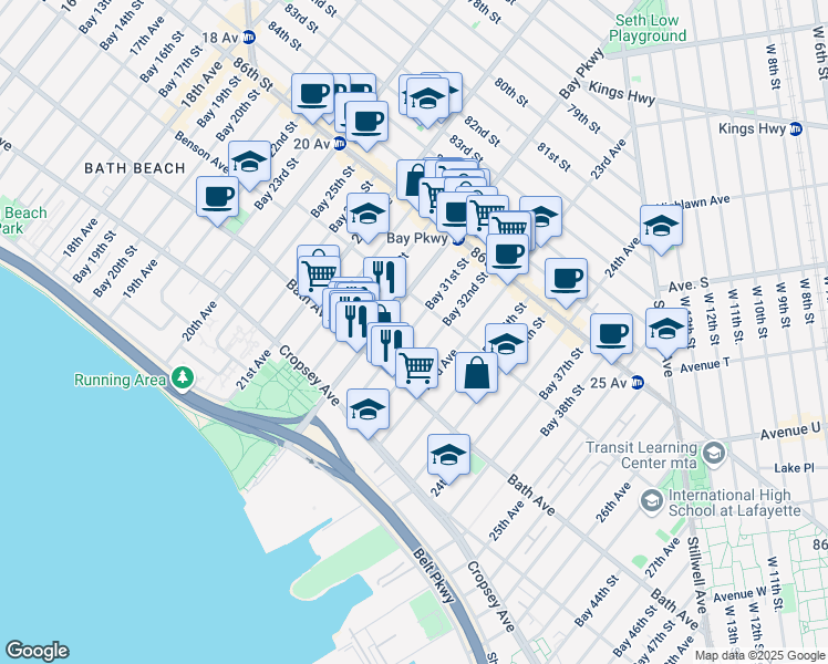 map of restaurants, bars, coffee shops, grocery stores, and more near 114 Bay 32nd Street in Brooklyn