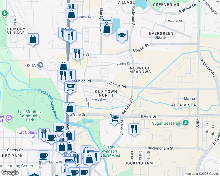 map of restaurants, bars, coffee shops, grocery stores, and more near 392 Osiander Street in Fort Collins