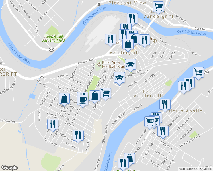 map of restaurants, bars, coffee shops, grocery stores, and more near 421 Hancock Avenue in Vandergrift