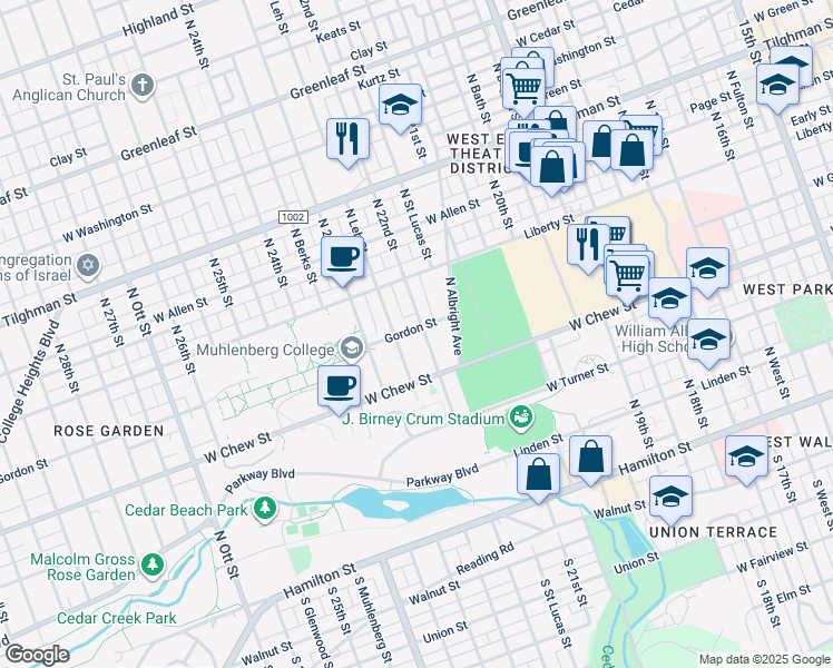map of restaurants, bars, coffee shops, grocery stores, and more near 2202-2212 Gordon Street in Allentown