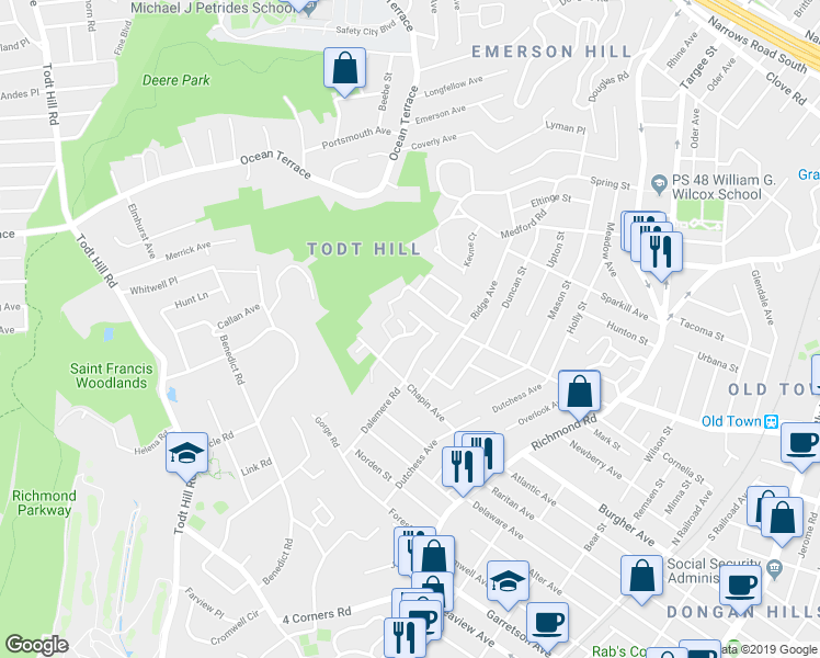 map of restaurants, bars, coffee shops, grocery stores, and more near 37 Hillview Lane in Staten Island
