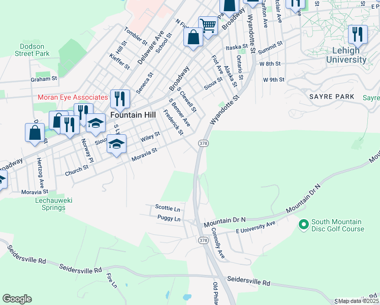 map of restaurants, bars, coffee shops, grocery stores, and more near 3878 Pennsylvania 378 in Bethlehem