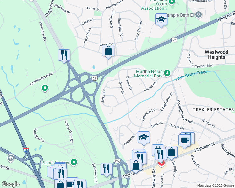 map of restaurants, bars, coffee shops, grocery stores, and more near 4339 Grandview Avenue in Allentown