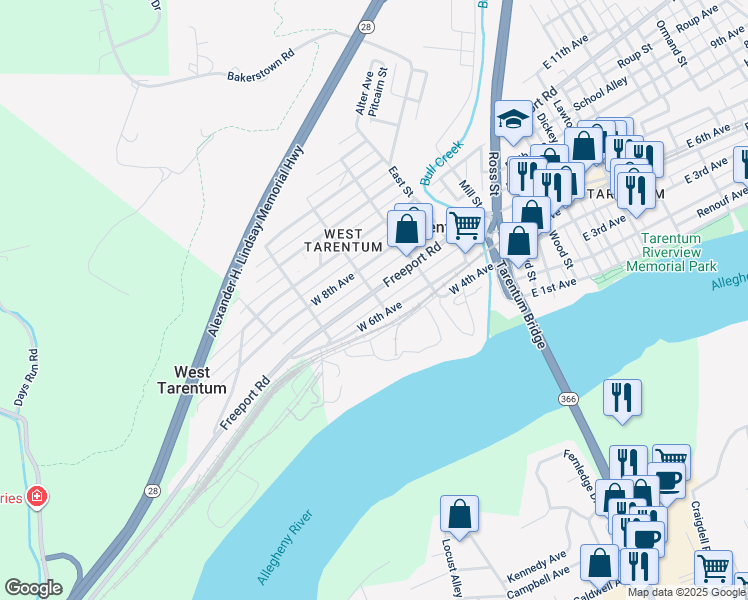 map of restaurants, bars, coffee shops, grocery stores, and more near 301 West 7th Avenue in Tarentum