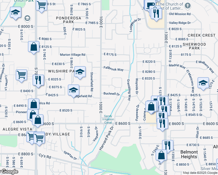 map of restaurants, bars, coffee shops, grocery stores, and more near 8378 Sycamore Tree Cove in Sandy