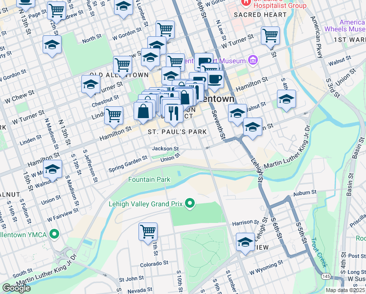map of restaurants, bars, coffee shops, grocery stores, and more near 845 Jackson Street in Allentown