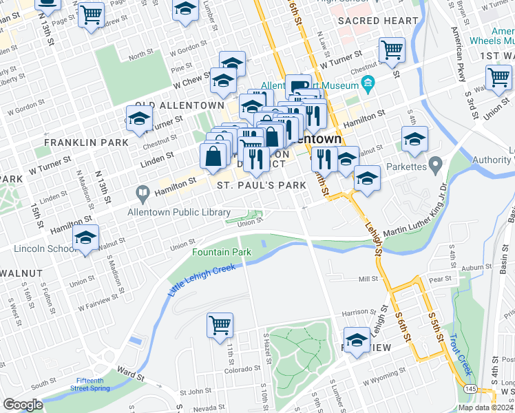 map of restaurants, bars, coffee shops, grocery stores, and more near 122 South 9th Street in Allentown