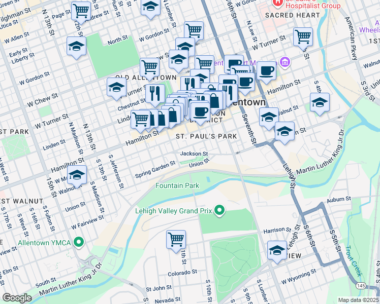 map of restaurants, bars, coffee shops, grocery stores, and more near 935 Jackson Street in Allentown