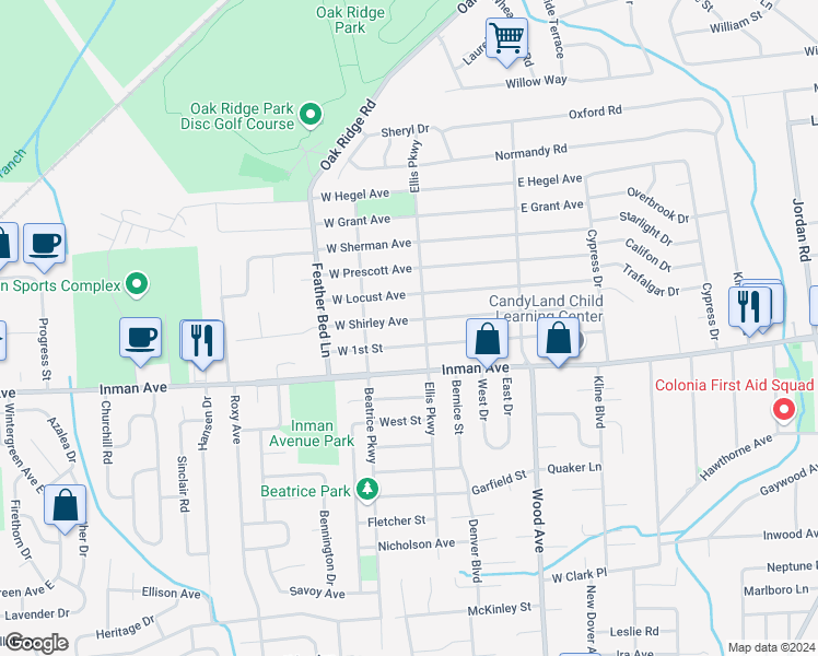 map of restaurants, bars, coffee shops, grocery stores, and more near 235 West Shirley Avenue in Edison