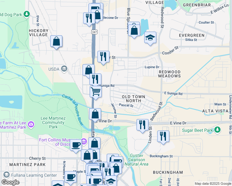 map of restaurants, bars, coffee shops, grocery stores, and more near 227 Osiander Street in Fort Collins