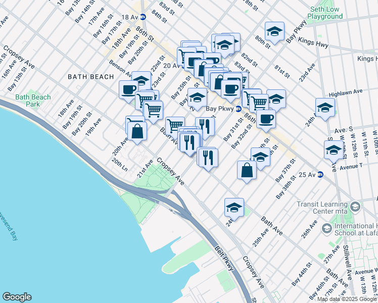 map of restaurants, bars, coffee shops, grocery stores, and more near 2149 Bath Avenue in Brooklyn