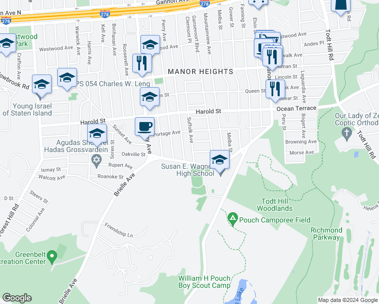 map of restaurants, bars, coffee shops, grocery stores, and more near 260 Suffolk Avenue in Staten Island