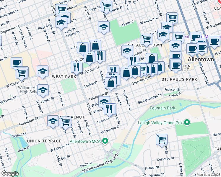 map of restaurants, bars, coffee shops, grocery stores, and more near 1315 Hamilton Street in Allentown