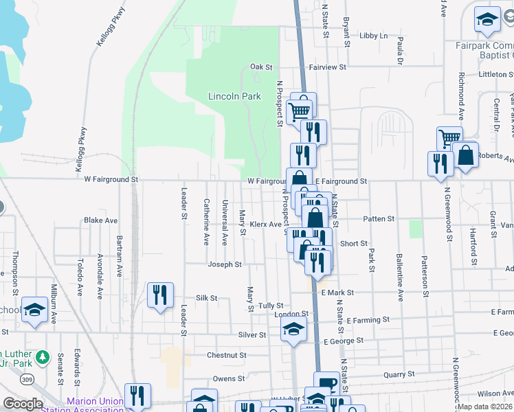 map of restaurants, bars, coffee shops, grocery stores, and more near 613 Oak Street in Marion