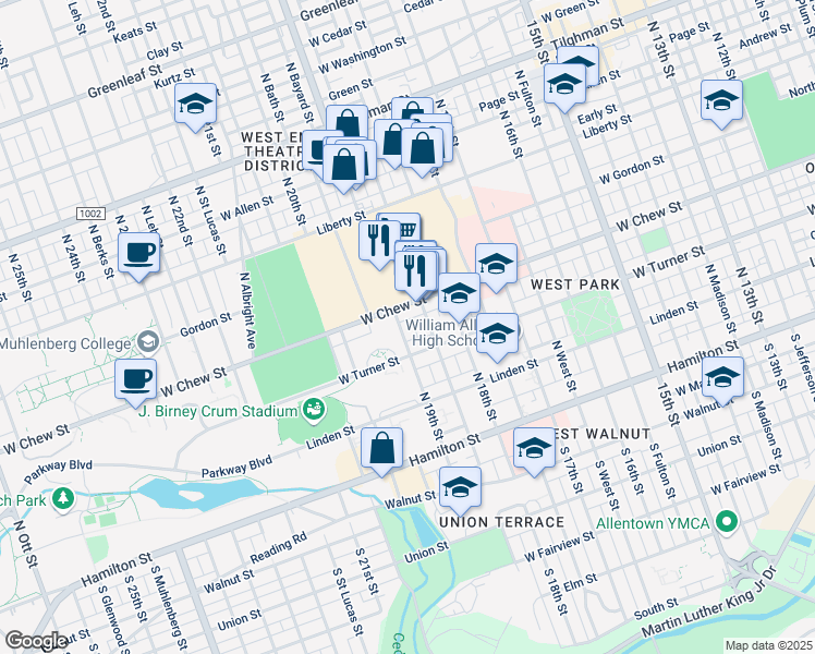 map of restaurants, bars, coffee shops, grocery stores, and more near 227 North 19th Street in Allentown