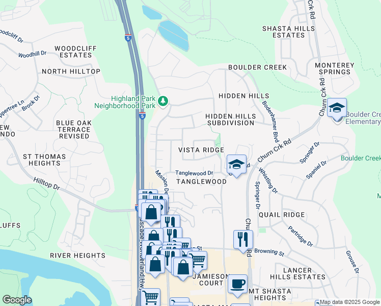 map of restaurants, bars, coffee shops, grocery stores, and more near 570 Viewpoint Drive in Redding