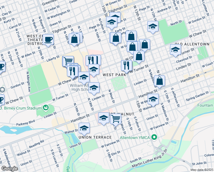 map of restaurants, bars, coffee shops, grocery stores, and more near 132 North West Street in Allentown