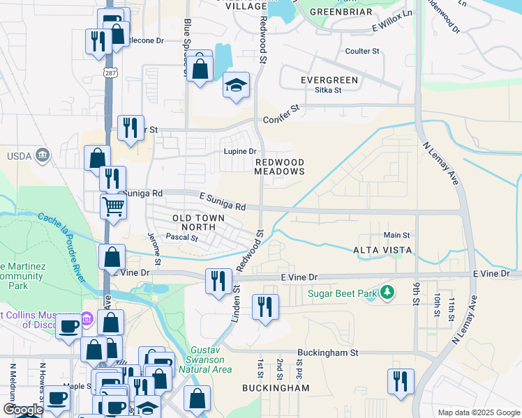 map of restaurants, bars, coffee shops, grocery stores, and more near in Fort Collins