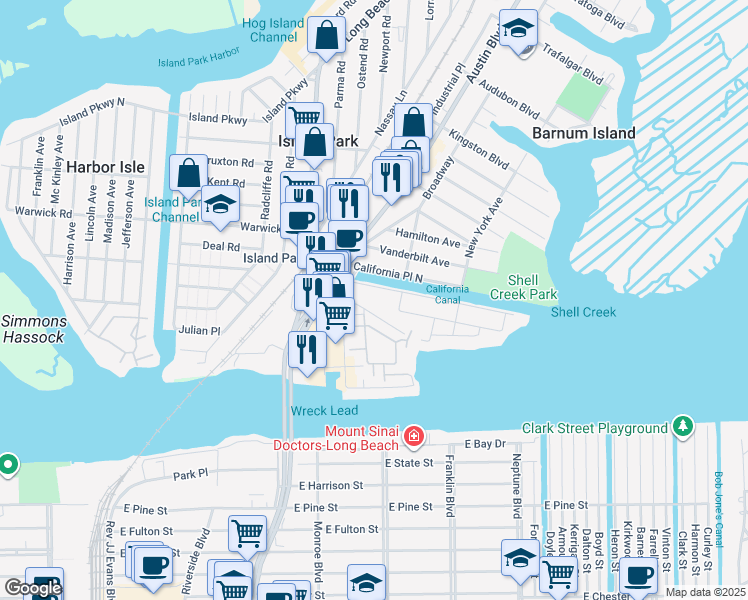 map of restaurants, bars, coffee shops, grocery stores, and more near 1017 California Place North in Barnum Island