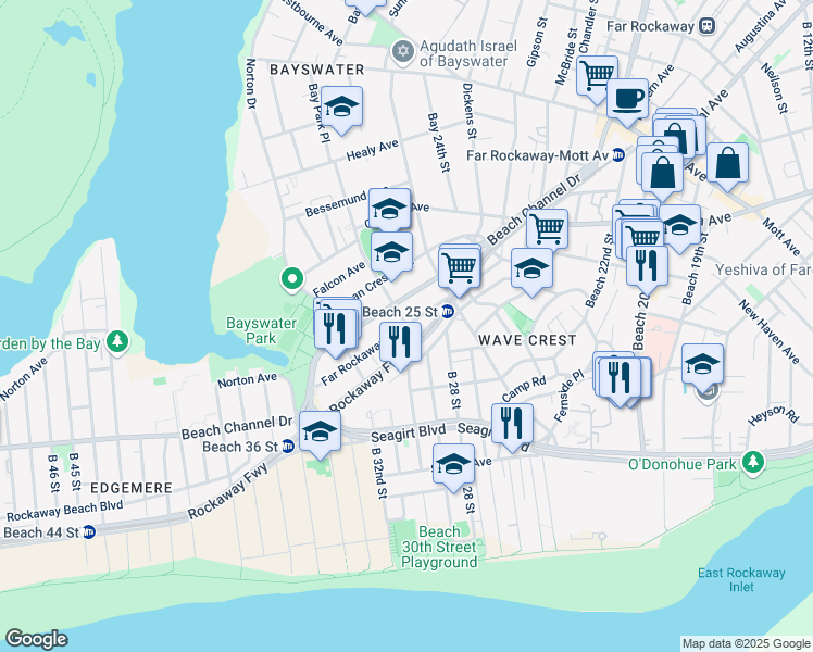 map of restaurants, bars, coffee shops, grocery stores, and more near Far Rockaway Blvd & Hartman Ln in Queens