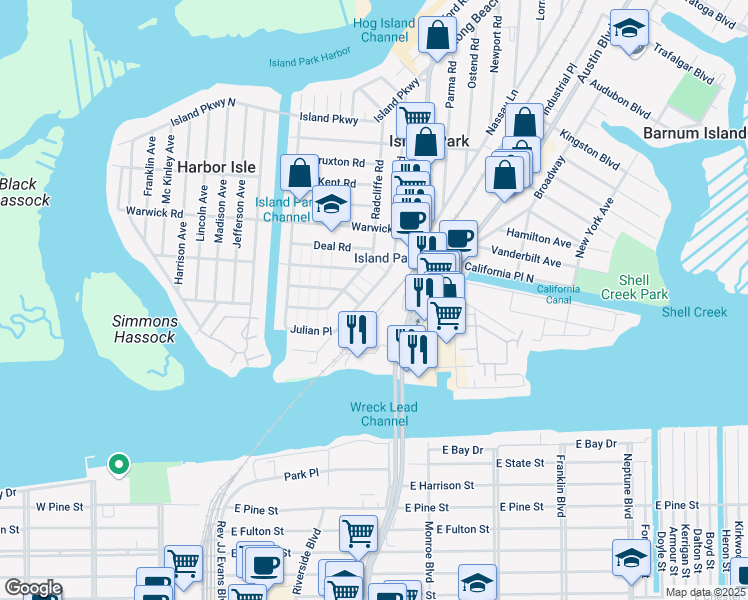 map of restaurants, bars, coffee shops, grocery stores, and more near 87 Quebec Road in Island Park