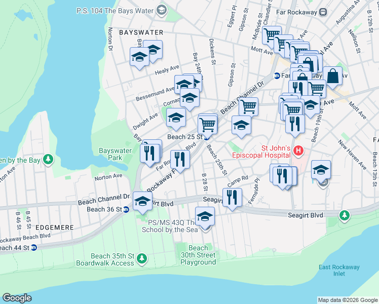map of restaurants, bars, coffee shops, grocery stores, and more near 25-33 Far Rockaway Boulevard in Queens