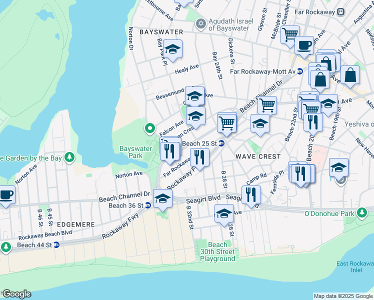 map of restaurants, bars, coffee shops, grocery stores, and more near 29-08 Far Rockaway Boulevard in Queens