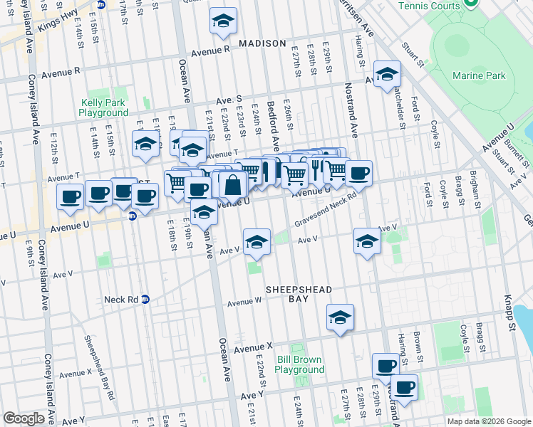 map of restaurants, bars, coffee shops, grocery stores, and more near 2135 East 24th Street in Brooklyn