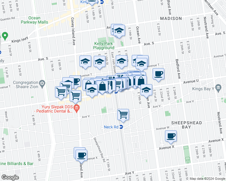 map of restaurants, bars, coffee shops, grocery stores, and more near 1417 Avenue U in Brooklyn
