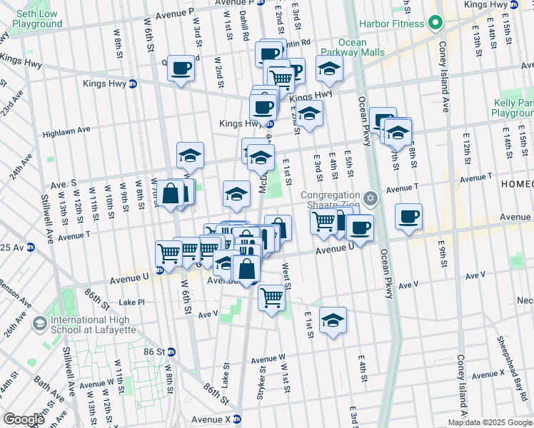 map of restaurants, bars, coffee shops, grocery stores, and more near 336 Avenue T in Brooklyn