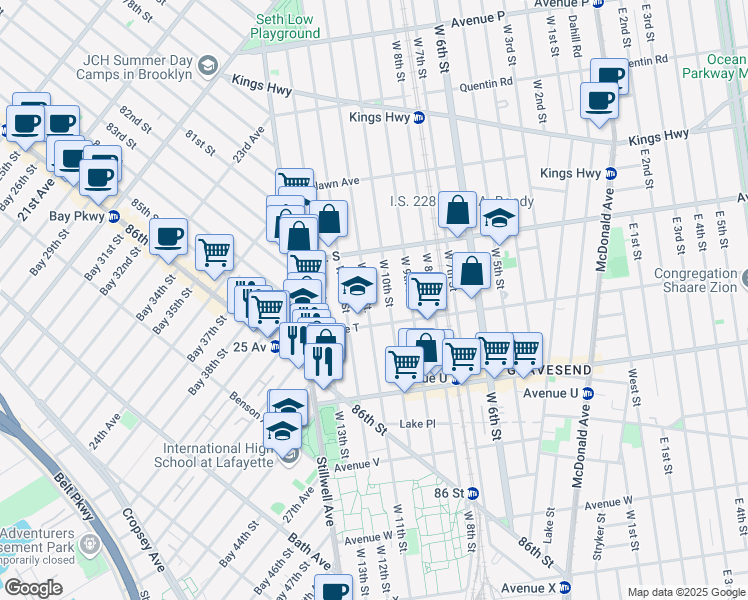 map of restaurants, bars, coffee shops, grocery stores, and more near 1970 West 11th Street in Brooklyn