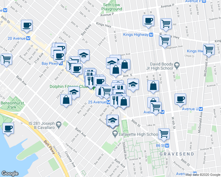 map of restaurants, bars, coffee shops, grocery stores, and more near 1985 Stillwell Avenue in Brooklyn