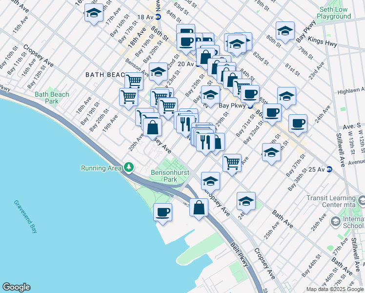 map of restaurants, bars, coffee shops, grocery stores, and more near 192 Bay 28th Street in Brooklyn