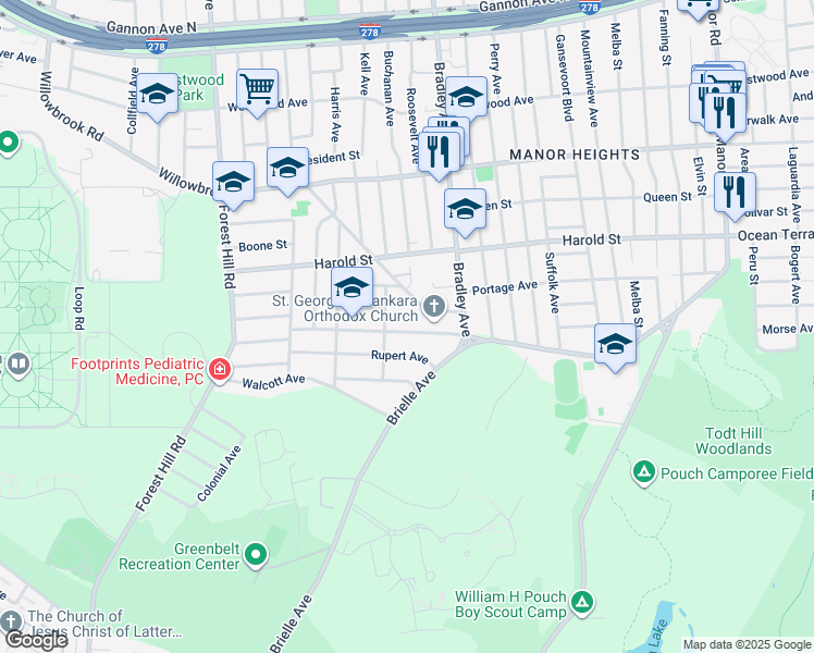 map of restaurants, bars, coffee shops, grocery stores, and more near 43 Oakville Street in Staten Island