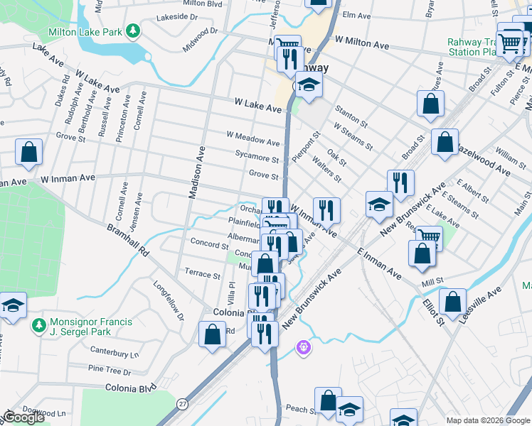 map of restaurants, bars, coffee shops, grocery stores, and more near 280 Orchard Street in Rahway