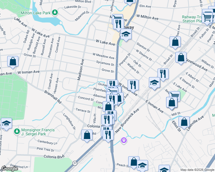 map of restaurants, bars, coffee shops, grocery stores, and more near 280 Orchard Street in Rahway