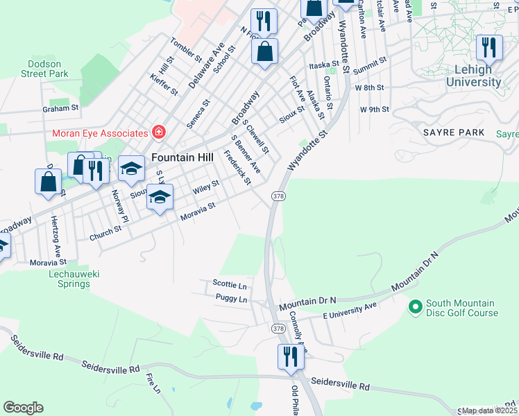 map of restaurants, bars, coffee shops, grocery stores, and more near 3878 Pennsylvania 378 in Bethlehem