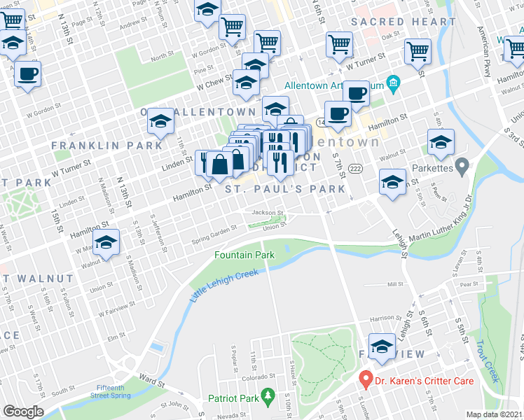 map of restaurants, bars, coffee shops, grocery stores, and more near 927 Jackson Street in Allentown