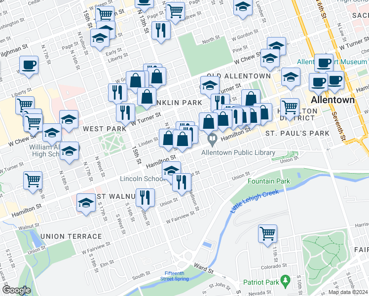 map of restaurants, bars, coffee shops, grocery stores, and more near 1315 Hamilton Street in Allentown